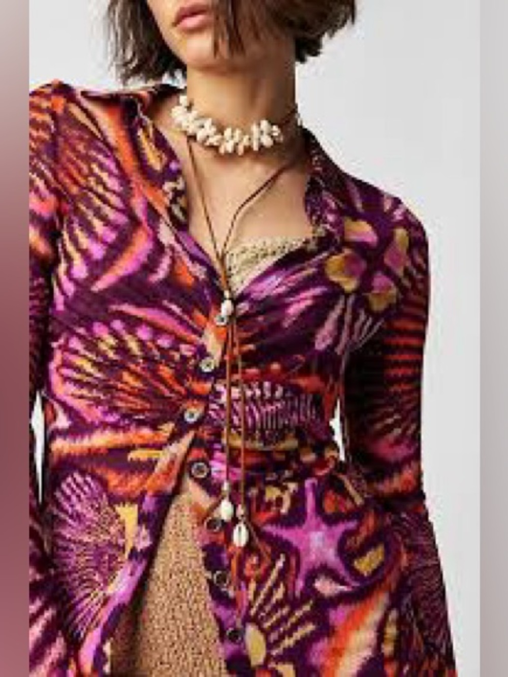 Free People Lucky Shirtee Mesh Ruched Shell Print Top Lg Boho Coastal Streetwear